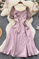 Elegantes Spitzen-Puffärmel-Schärpen-Bandage-Kleid für Damen, Urlaubsparty, langes Kleid